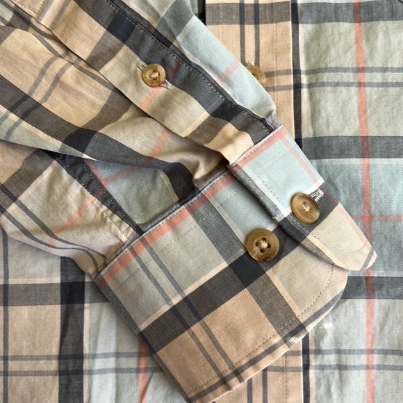 Barbour Heritage Button Down Tailored Long Sleeve Shirt Light Blue Tan Plaid - Picture 7 of 9